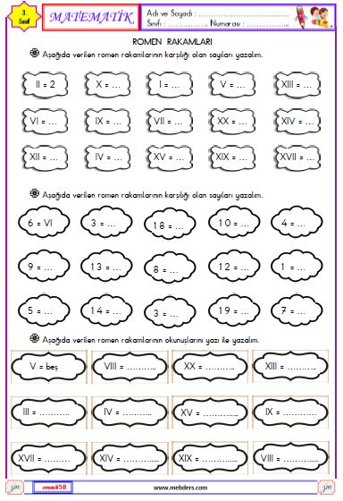 3. Sınıf Matematik Romen Rakamları Etkinliği 1