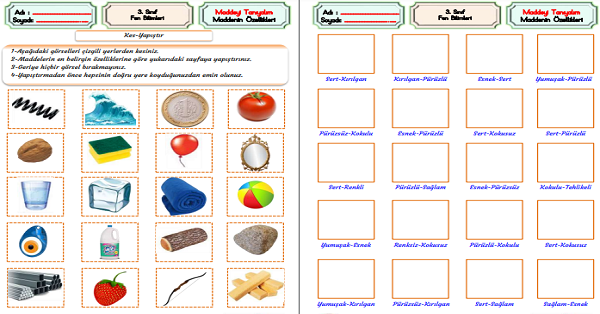 3.Sınıf Fen Bilimleri Maddenin Özellikleri Kes-Yapıştır