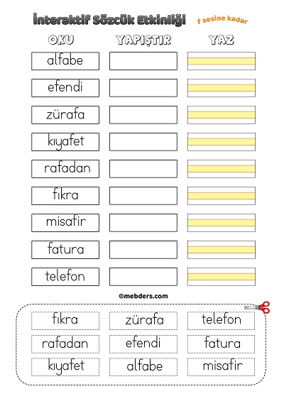 İnteraktif Sözcük Etkinliği - F Sesine Kadar