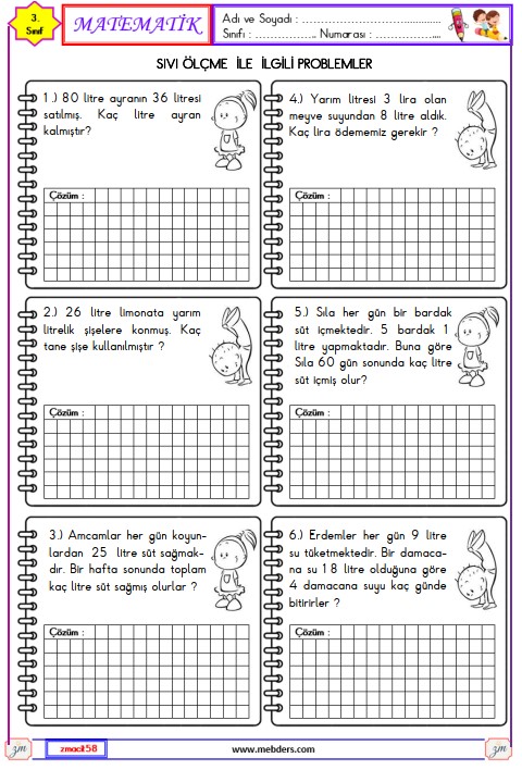 3. Sınıf Matematik Sıvı Ölçme ile İlgili Problemler Etkinliği 6