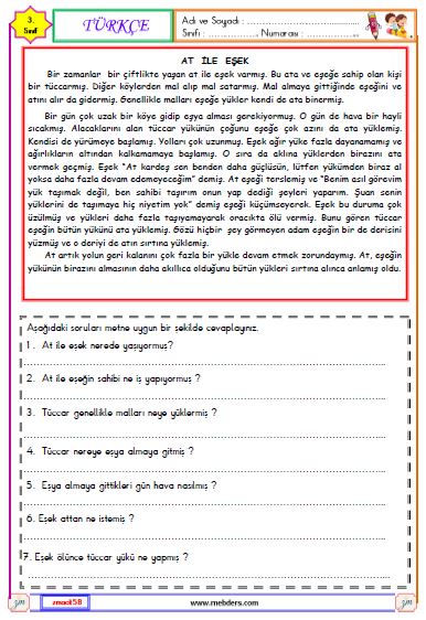 3. Sınıf Türkçe Okuma  ve Anlama Metni Etkinliği ( At ile Eşek )