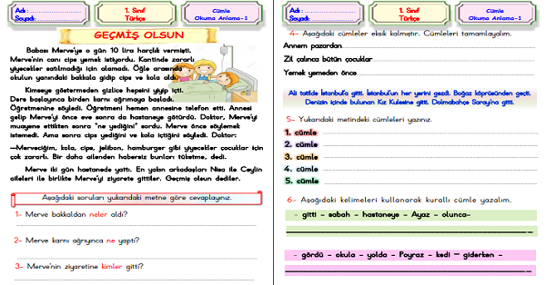 1.Sınıf Türkçe Cümle Bilgisi-Okuma Anlama (4 Sayfa)