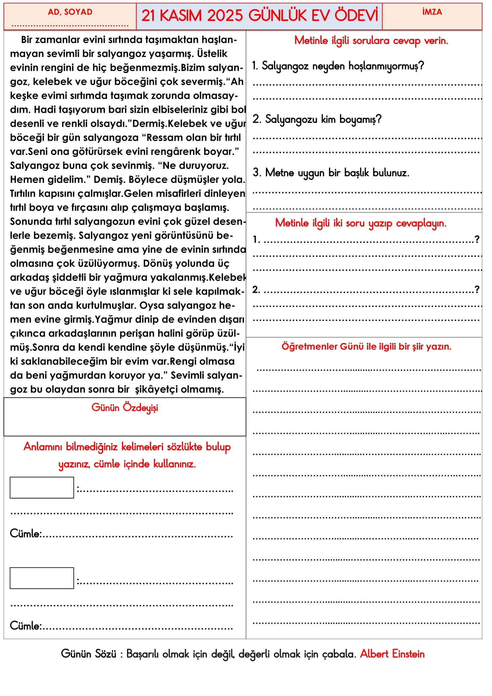 3.Sınıf - 21 Kasım 2025 Günlük Ev Ödevleri