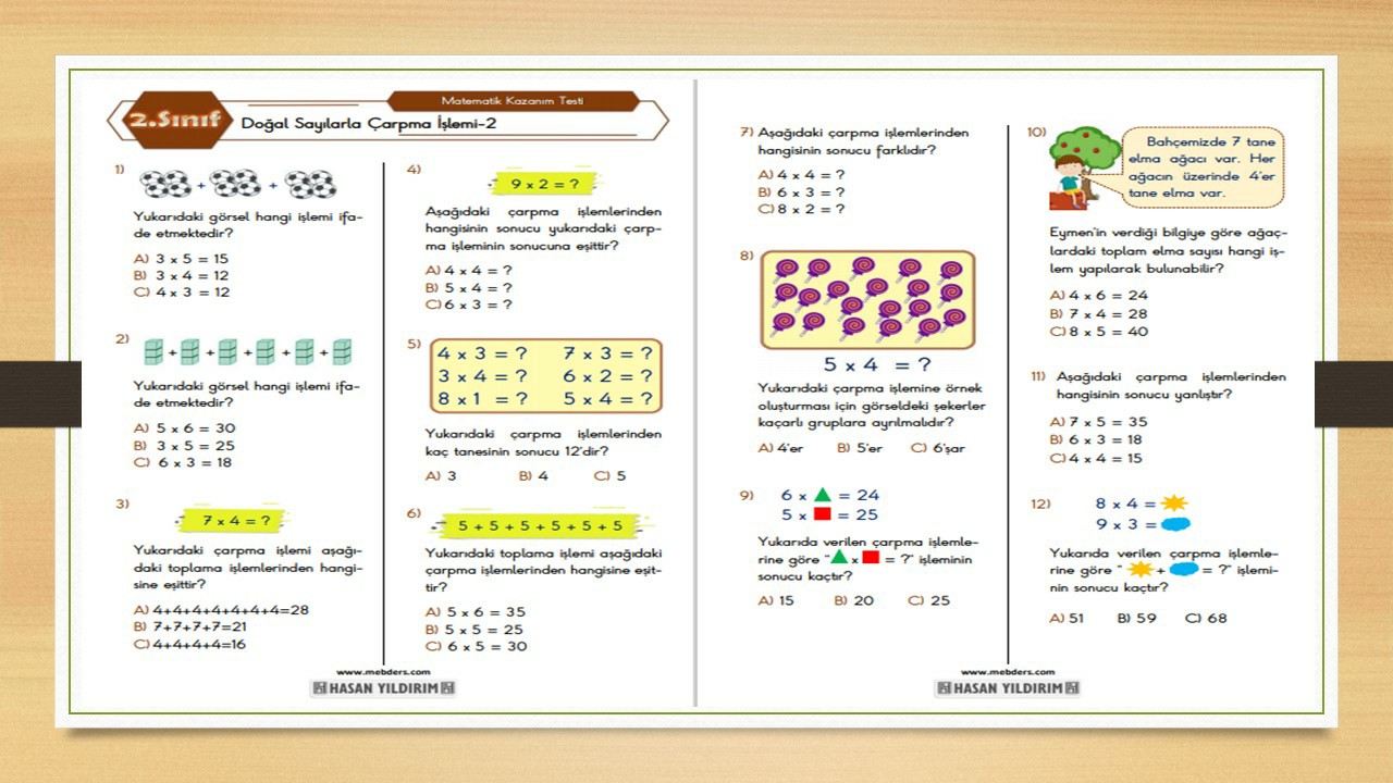 2.Sınıf Matematik Doğal Sayılarla Çarpma İşlemi Testi-2