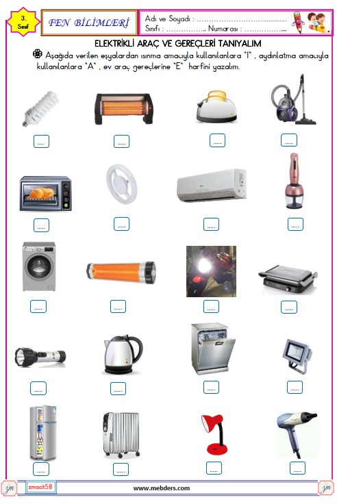 3. Sınıf Fen Bilimleri Elektrikli Araç ve Gereçleri Tanıyalım Etkinliği 2