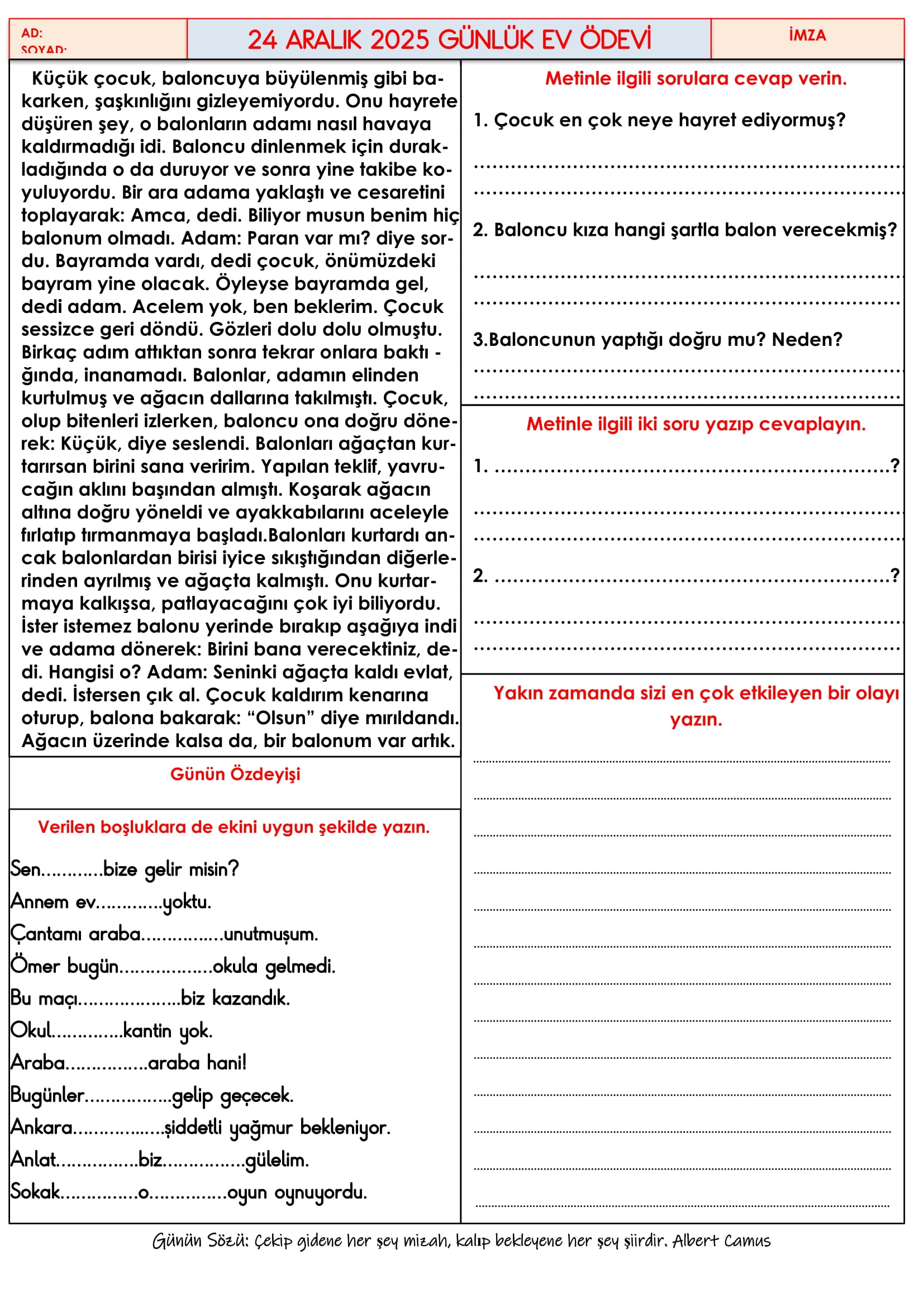 4.Sınıf - 24 Aralık 2025 Günlük Ev Ödevleri