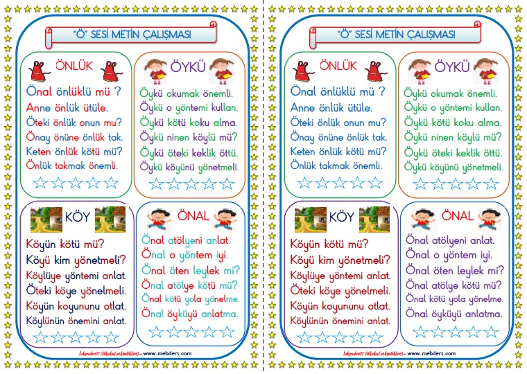 1.Sınıf Ö-ö Sesi Metin Çalışması (4 Farklı METİN)