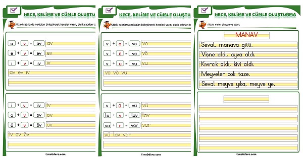 1.Sınıf İlk Okuma V Sesi Birleştirme Etkinliği