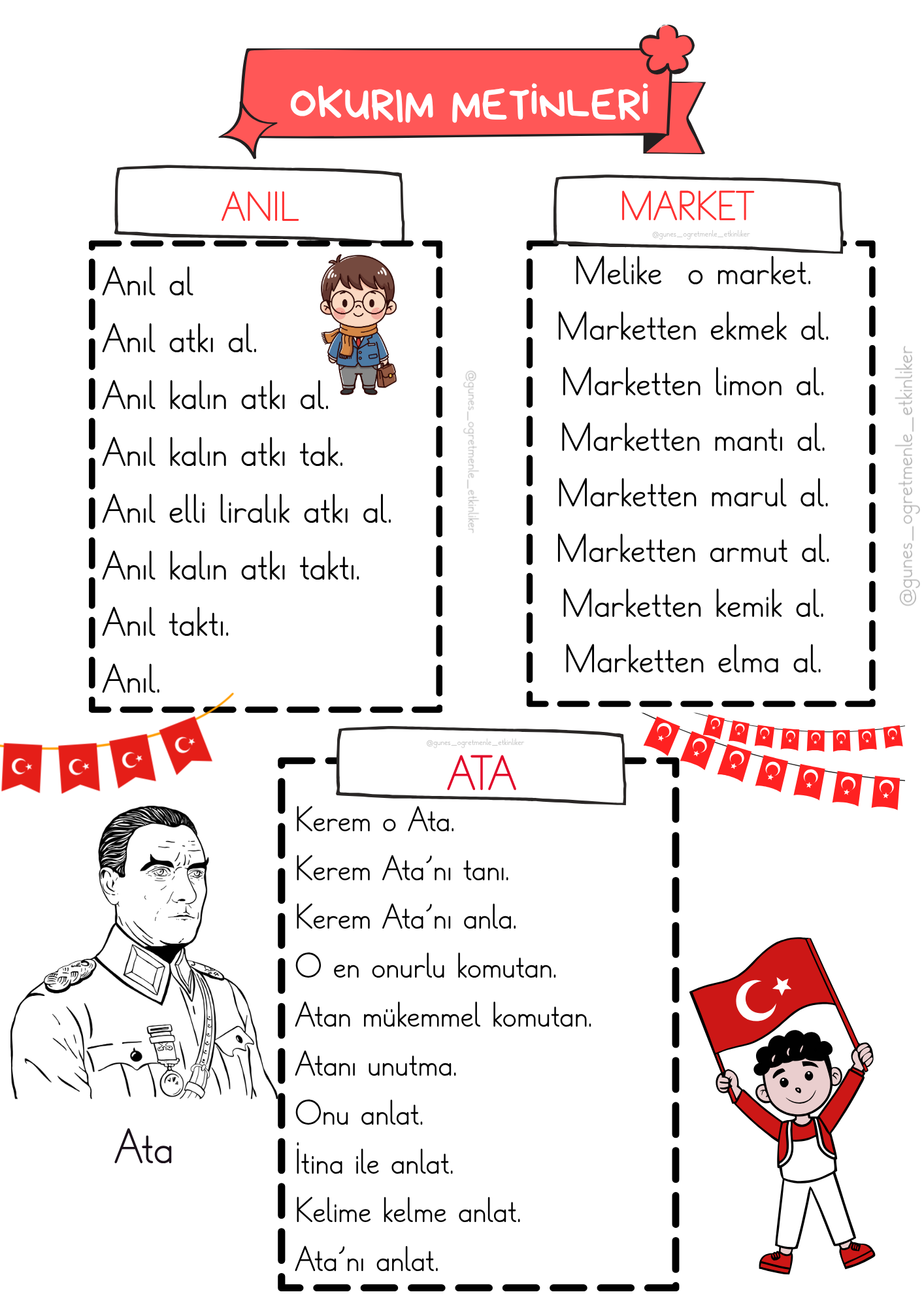 1.Sınıf O,k,u,r,ı,m Hece Tablosu ve Metinleri