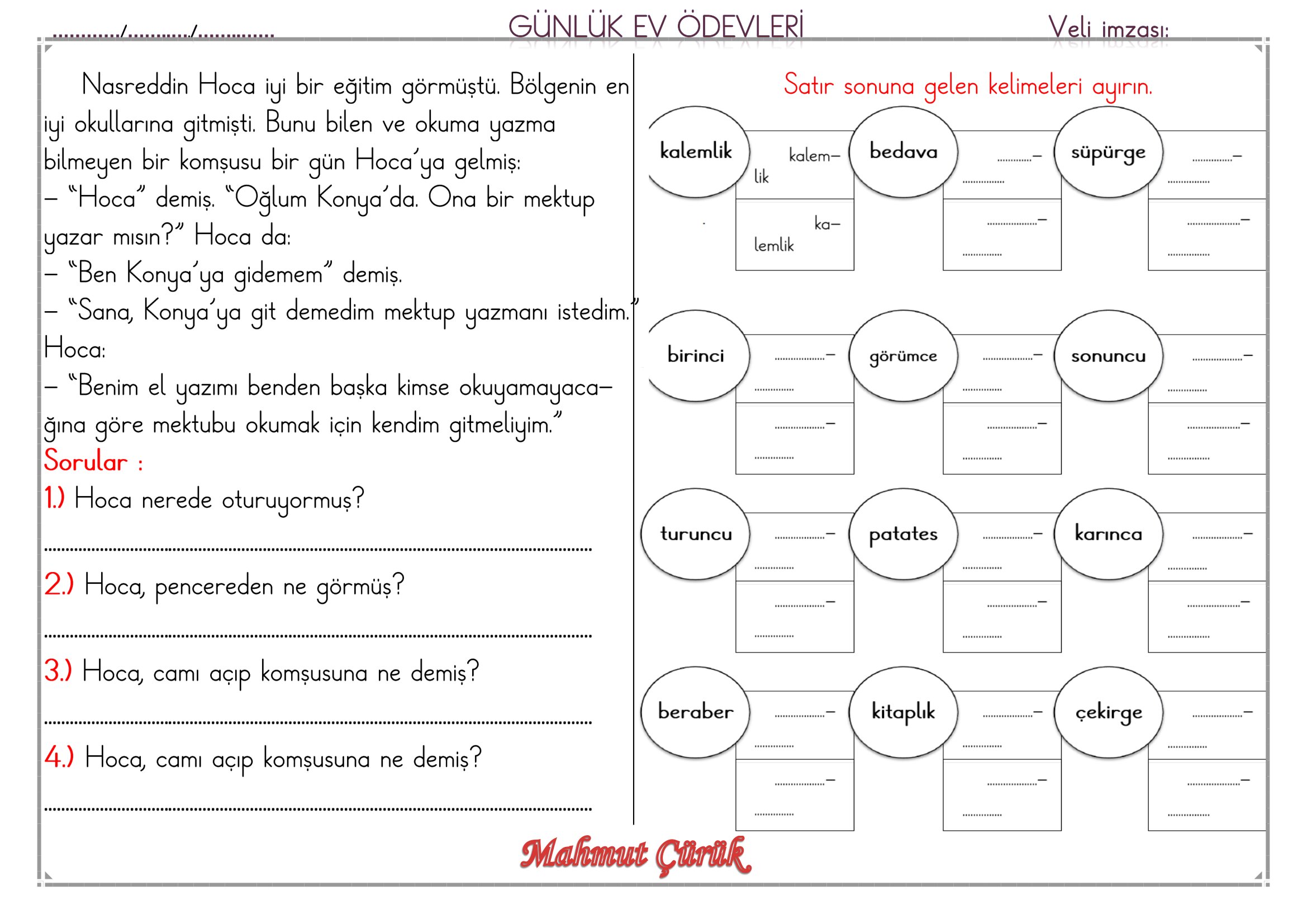 1.Sınıf - 03 Haziran 2026 Günlük Ev Ödevleri