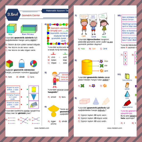 3. Sınıf Matematik Geometrik Cisimler Kazanım Testi