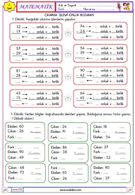 2. Sınıf Matematik Onluk Bozarak Çıkarma İşlemi Etkinliği 3