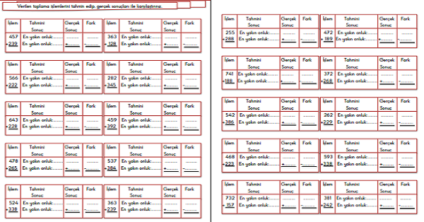 3.Sınıf - Matematik Toplamada Tahmin Etme Etkinliği
