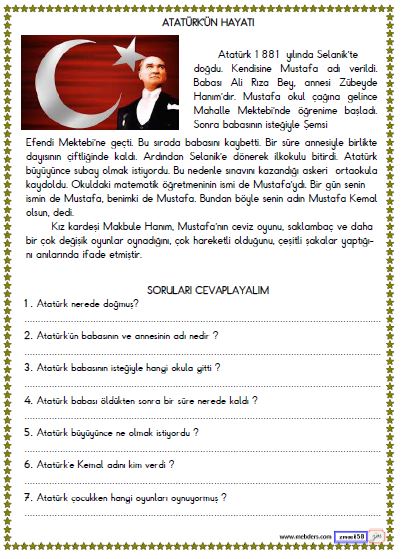 2. Sınıf Hayat Bilgisi Atatürk'ün Hayatı Etkinliği 2