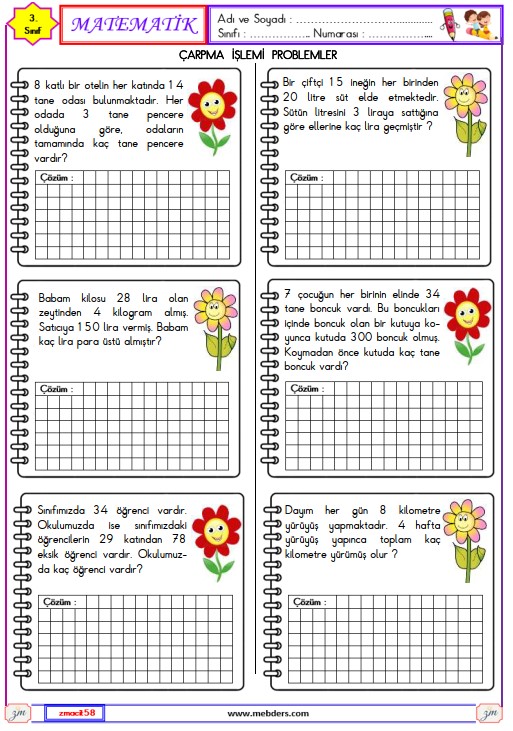 3. Sınıf Matematik Çarpma İşlemi Problemleri Etkinliği 6
