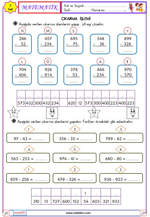 3. Sınıf Matematik Çıkarma İşlemi Etkinliği 2