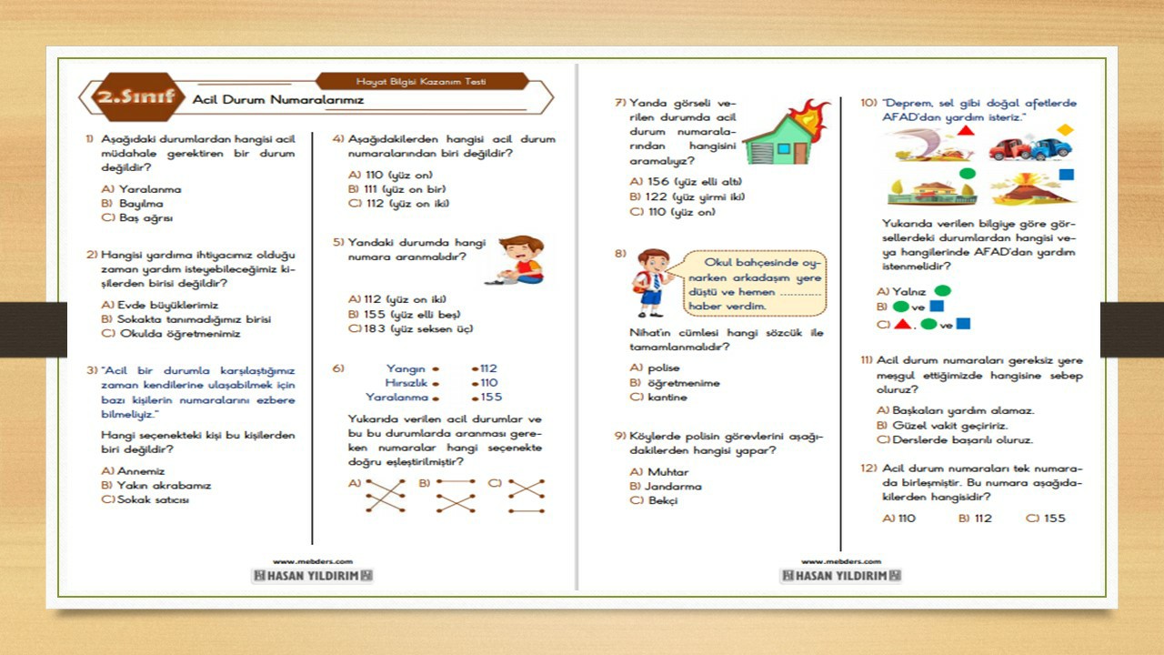 2.Sınıf Hayat Bilgisi Acil Durum Numaralarımız Testi