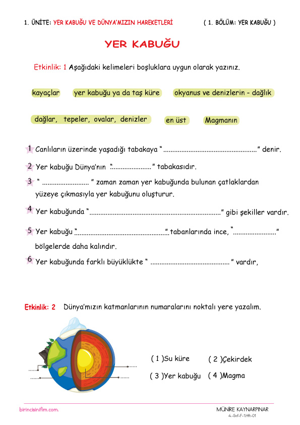 4. Sınıf Fen Bilimleri Yer Kabuğu Etkinliği