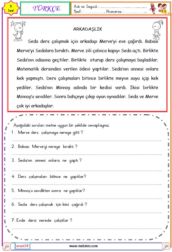 3. Sınıf Türkçe Okuma ve Anlama Metni  Etkinliği (Arkadaşlık)