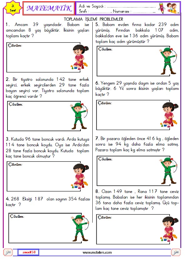 3. Sınıf Matematik  Toplama İşlemi Problemleri Etkinliği  2