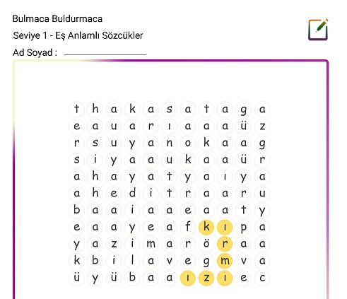 Bulmaca Buldurmaca Etkinliği - Eş Anlamlı Sözcükler