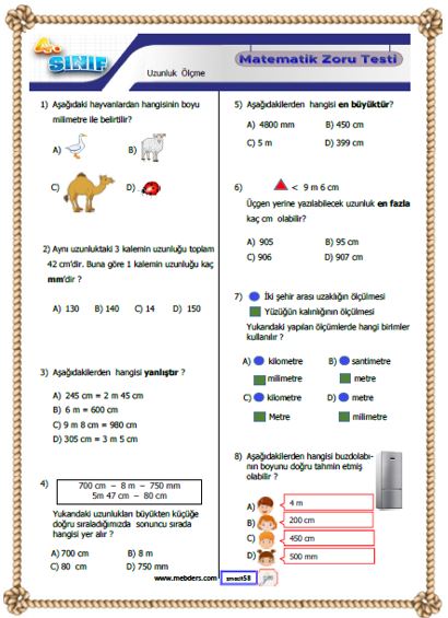 4. Sınıf Matematik Uzunluk Ölçme Kazanım Testi ( Zoru )