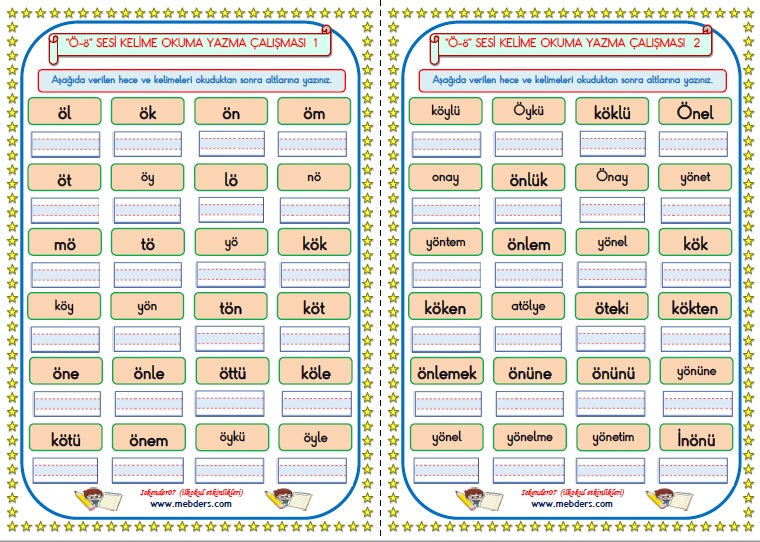 1.Sınıf Ö-ö Sesi Hece Kelime Okuma Yazma Çalışması (2 Sayfa)