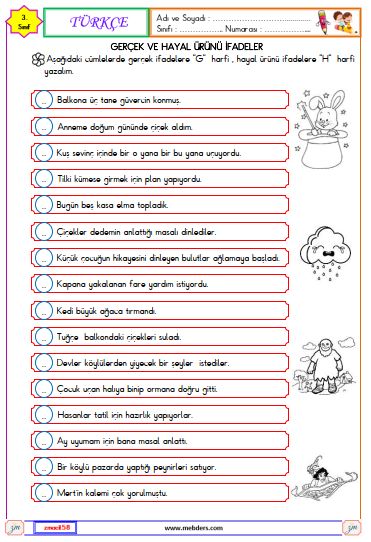 3. Sınıf Türkçe Gerçek ve Hayal Ürünü İfadeler Etkinliği