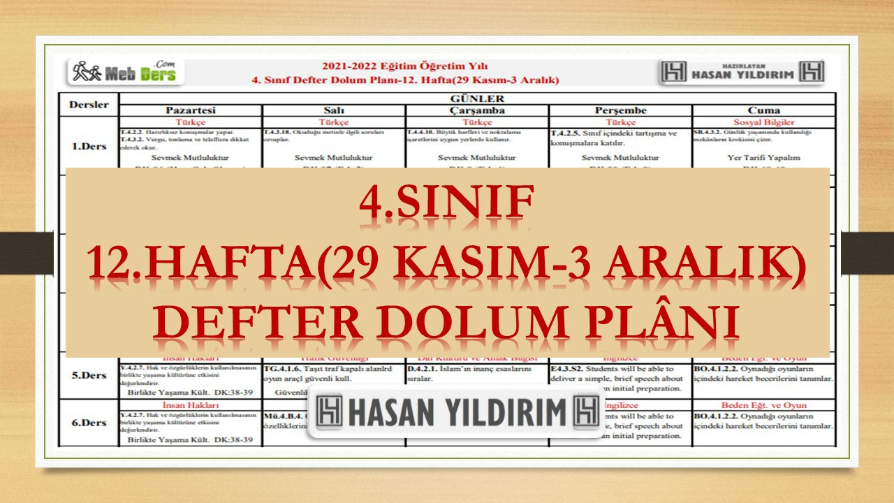 4.Sınıf 12.Hafta(29 Kasım-3 Aralık) Defter Dolum Planı