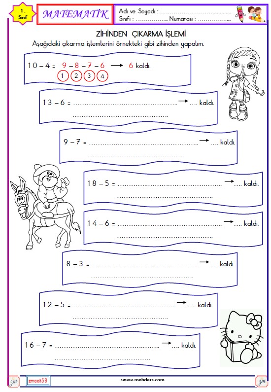 1. Sınıf Matematik Zihinden Çıkarma İşlemi Etkinliği 6