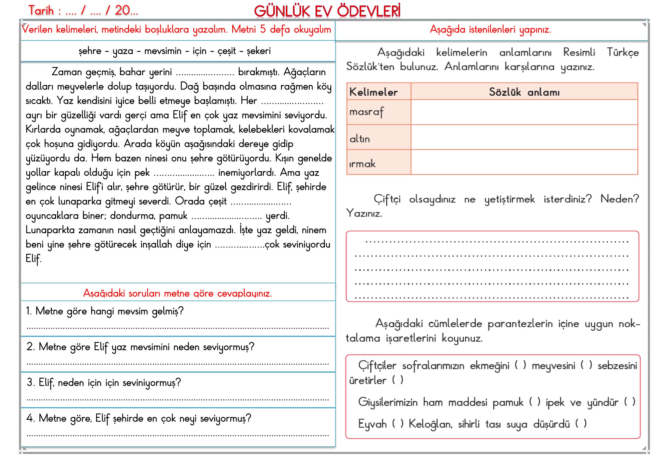 2.Sınıf - 11 Mart 2026 Günlük Ev Ödevleri