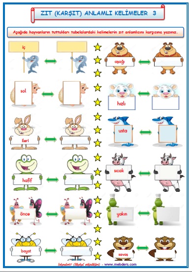 1.Sınıf Türkçe Zıt (Karşıt) Anlamlı Kelimeler Etkinlik Çalışması  3