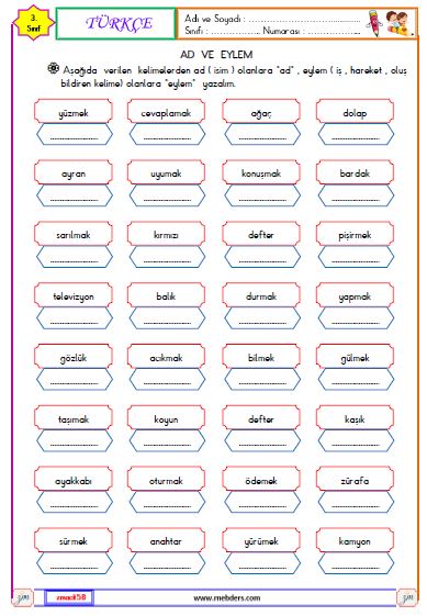 3. Sınıf Türkçe Ad ve Eylem Etkinliği