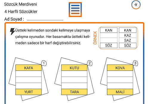 Sözcük Merdiveni Zeka Etkinliği 4 (4 Harfli Sözcükler)