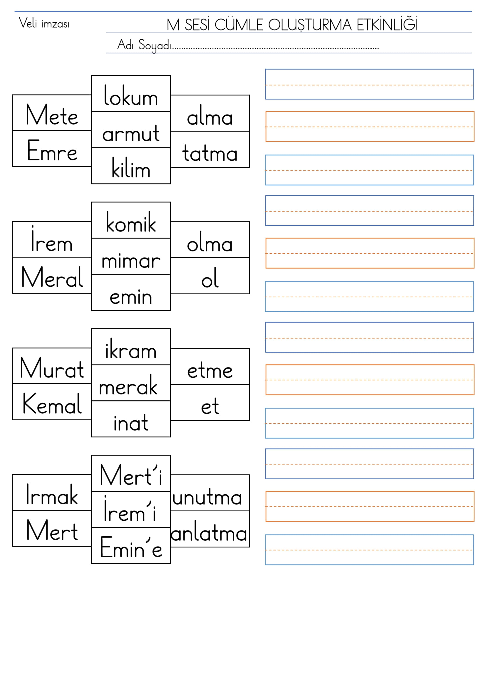 1. Sınıf İlk Okuma Yazma M Sesi Cümle Oluşturma Etkinliği