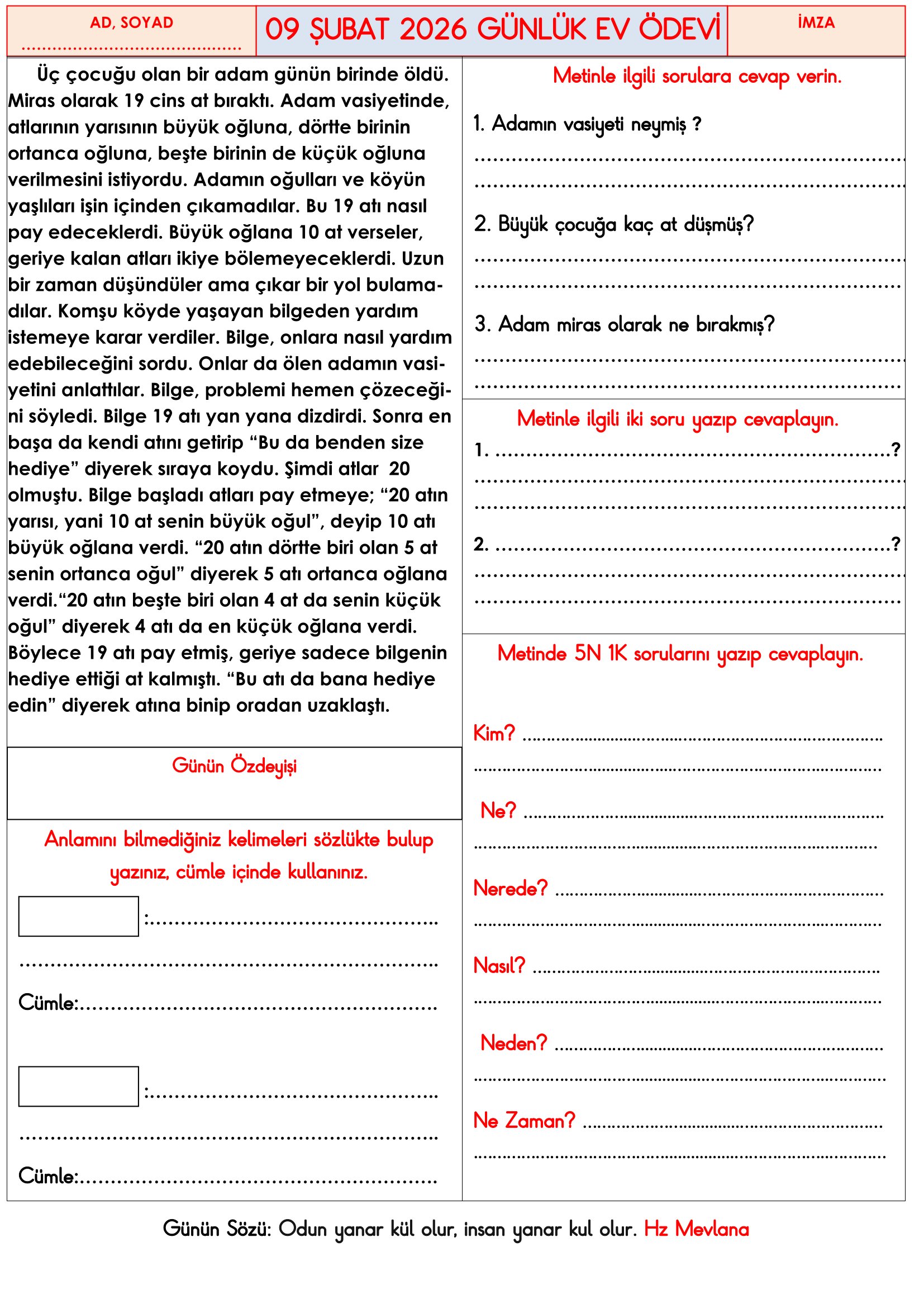 3.Sınıf - 09 Şubat 2026 Günlük Ev Ödevleri