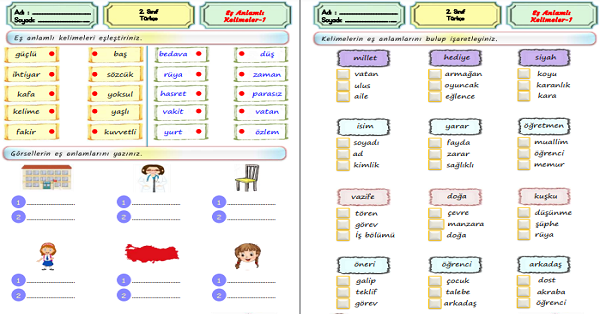2.Sınıf Türkçe Eş Anlamlı Kelimeler Etkinliği -1