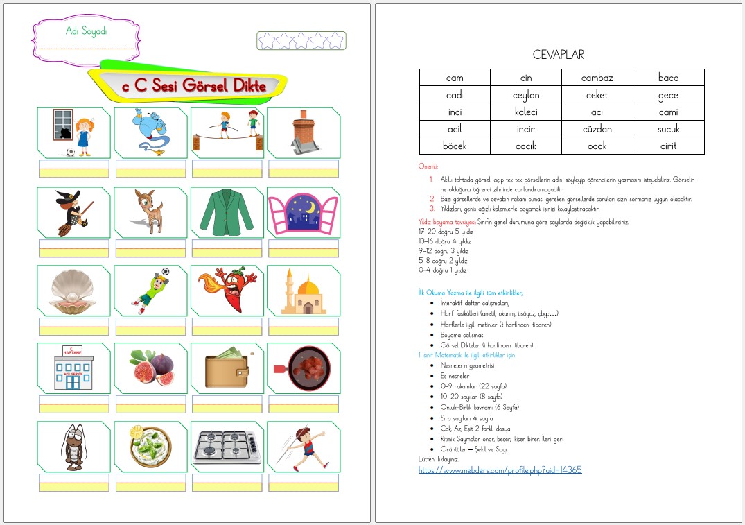 1. Sınıf İlk Okuma Yazma C Sesi GÖRSEL DİKTE
