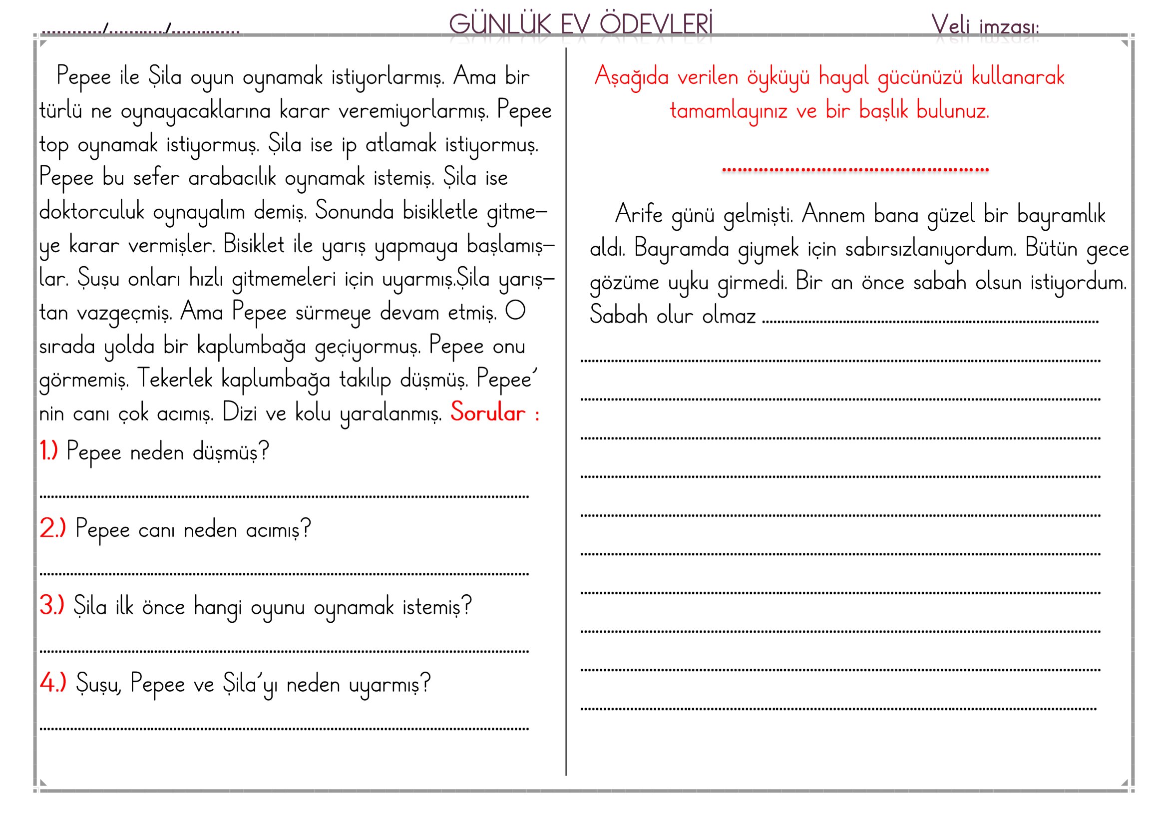 1.Sınıf - 21 Nisan 2026 Günlük Ev Ödevleri