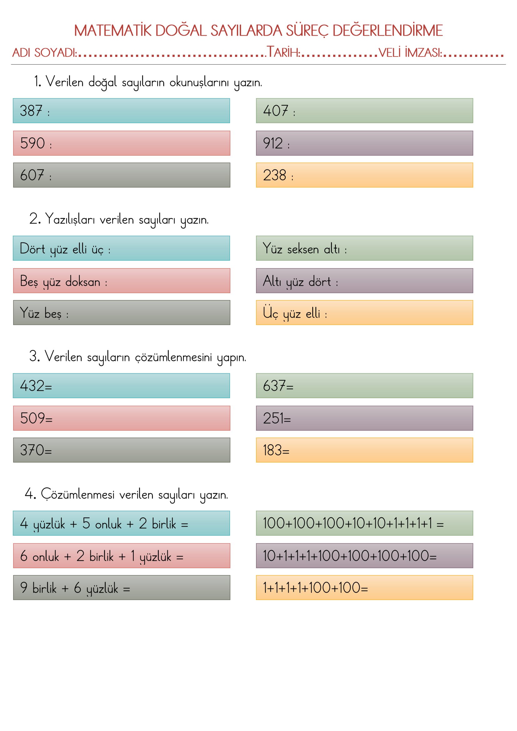 3.Sınıf Matematik Üç Basamaklı Doğal Sayılarda Süreç Değerlendirme
