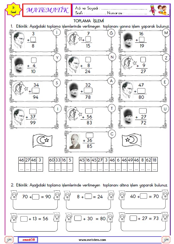 2. Sınıf Matematik Verilmeyen Toplananı Bulma Etkinliği 2