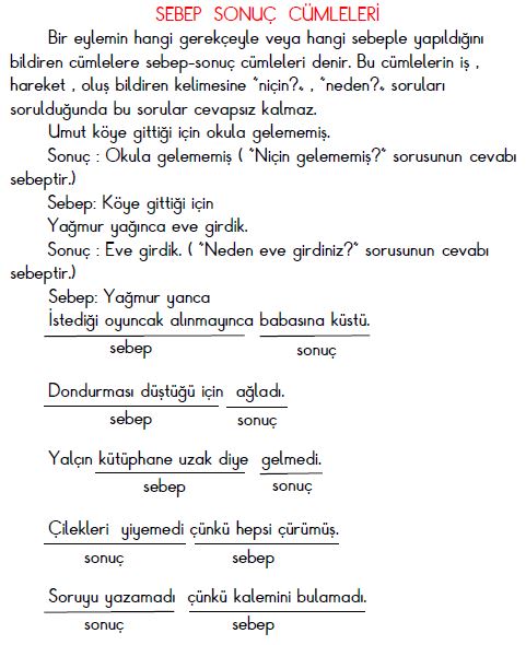 3. Sınıf Türkçe  Sebep  Sonuç Cümleleri Konu Anlatımı  ve Özeti