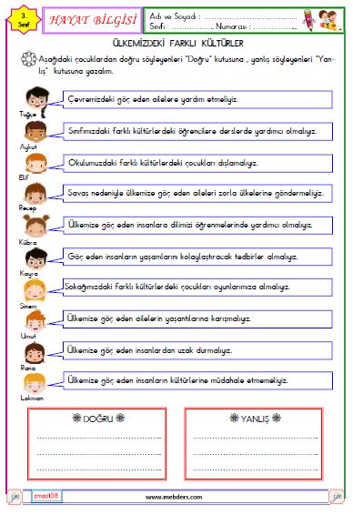 3. Sınıf Hayat Bilgisi Ülkemizdeki Farklı Kültürler Etkinliği