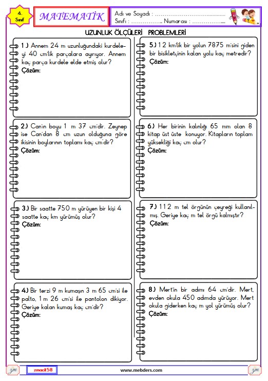 4. Sınıf Matematik Uzunluk Ölçme Problemleri Etkinliği 3