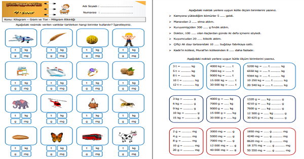 4.Sınıf Matematik Kilogram – Gram ve Ton - Miligram Etkinliği