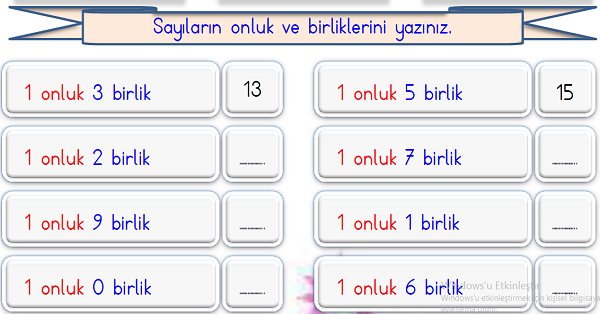 1.Sınıf Matematik Onluk Birlik Gösterimi Etkinliği 7