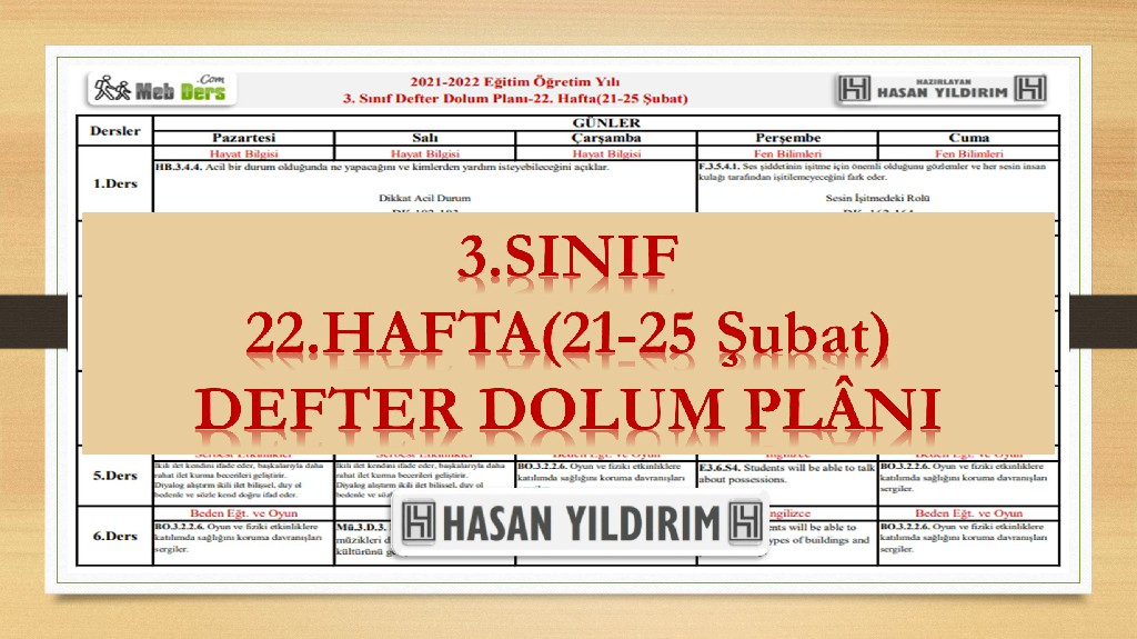 3.Sınıf 22.Hafta(21-25 Şubat) Defter Dolum Planı