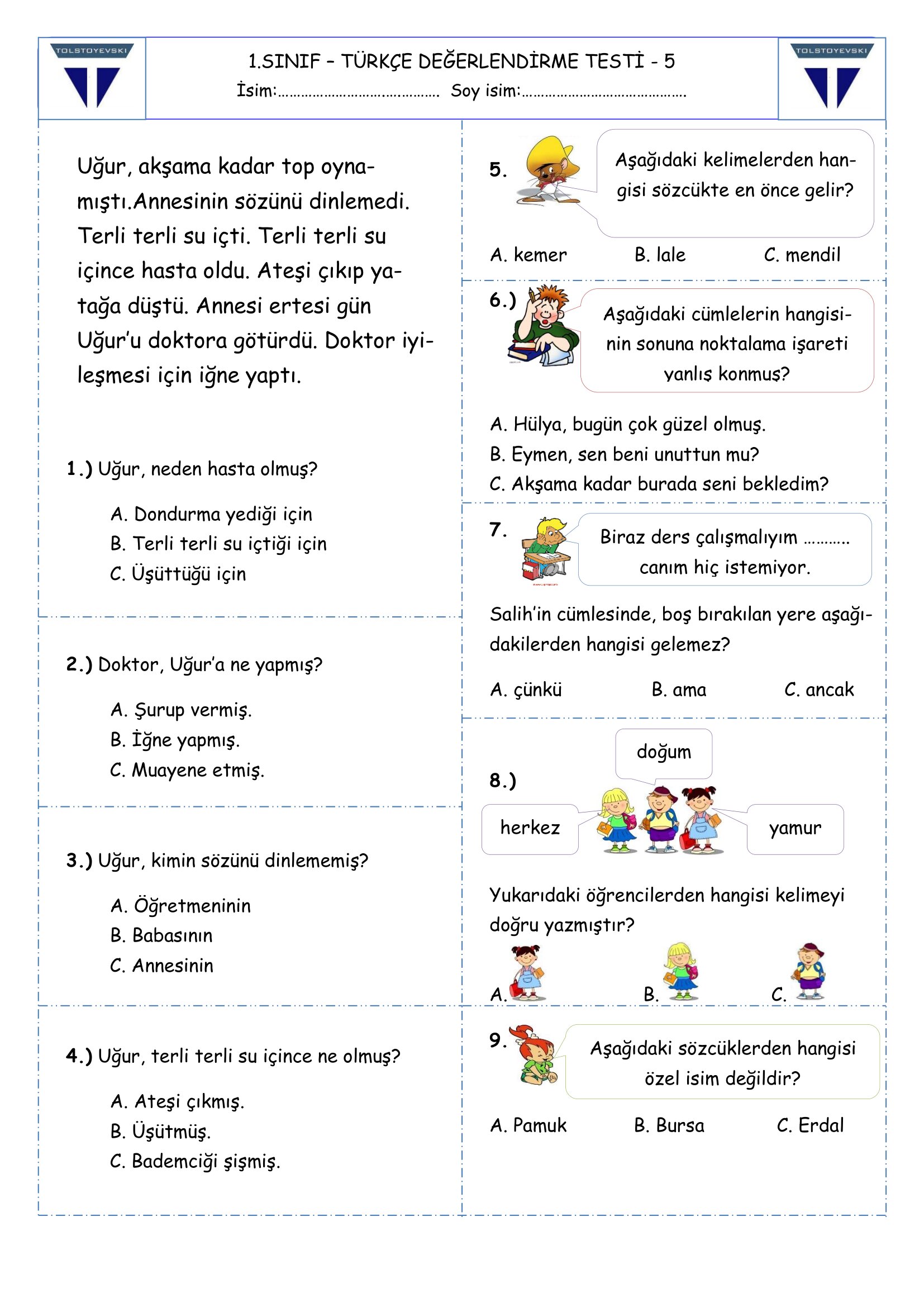 1.Sınıf - Türkçe Değerlendirme Testi - 5