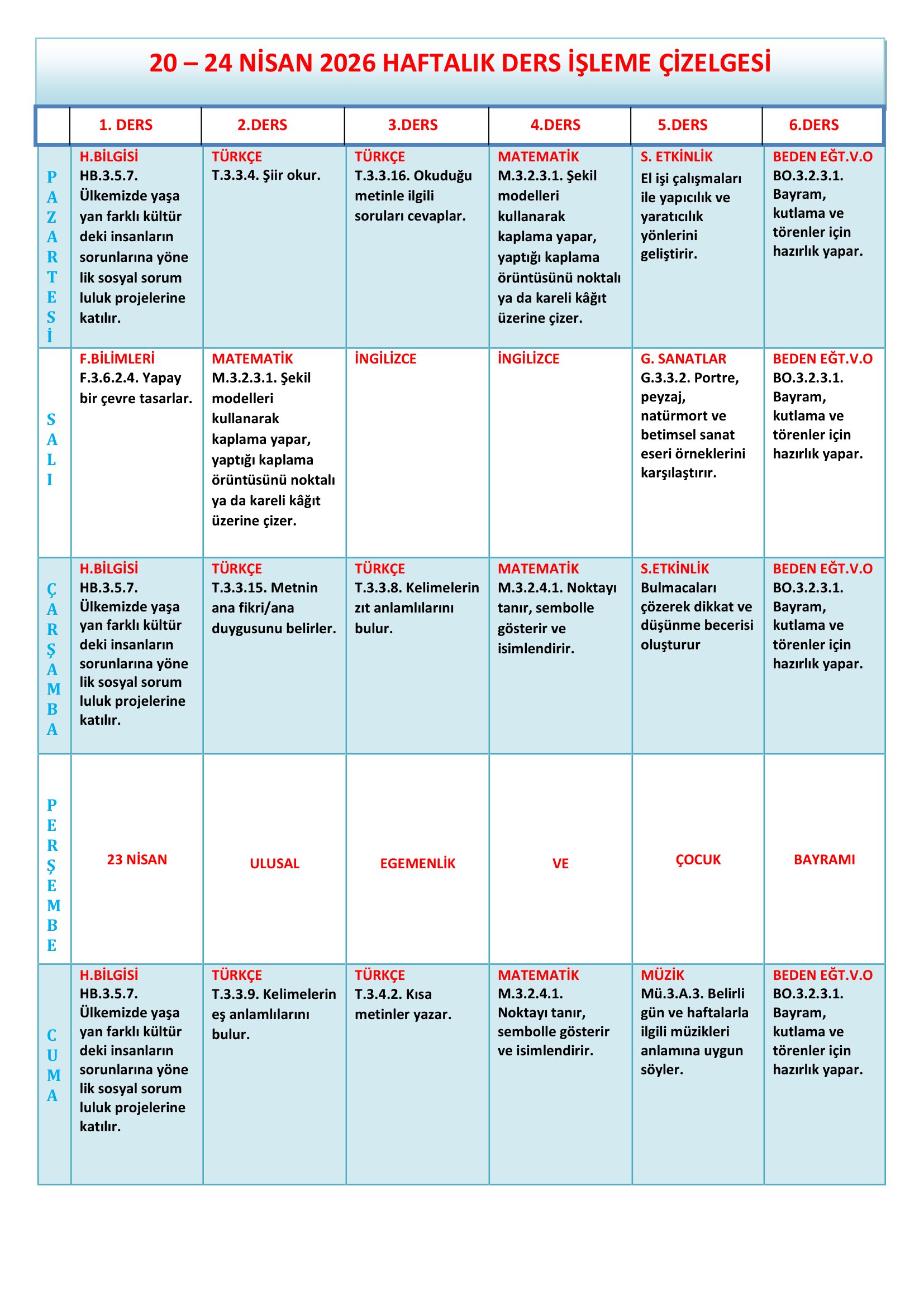 3.Sınıf 20 - 24 Nisan 2026 Haftalık Ders İşleme Çizelgesi.doc