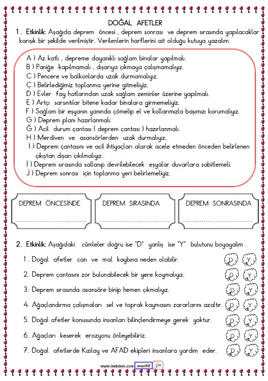 2. Sınıf Hayat Bilgisi Deprem Etkinliği